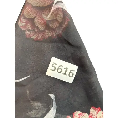 Vintage Floral Silk Scarf 20x20 Inches Black With Red & Pink Flowers Lightweight