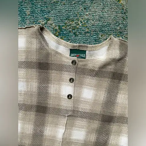 American Eagle Vintage  Outfitters tan brown plaid thermal henley, size small