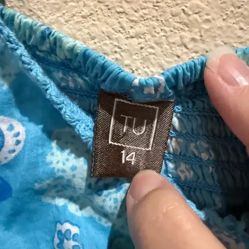 TU Women's Blue Floral Print Cami Top Size 14 Cotton Tie Front Smocked Back