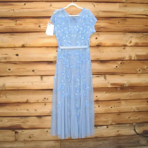 Mac Duggal 14521 Blue Floral Embellished Short Sleeve Mesh Gown Dress