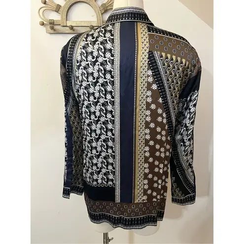 Lafayette 148 Satin Mixed Print Button Up Blouse 12 Black