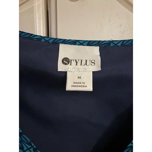 Stylus Teal Geometric Print V Neck Blouse Womens Size Medium Sheer Sleeve Top Blue