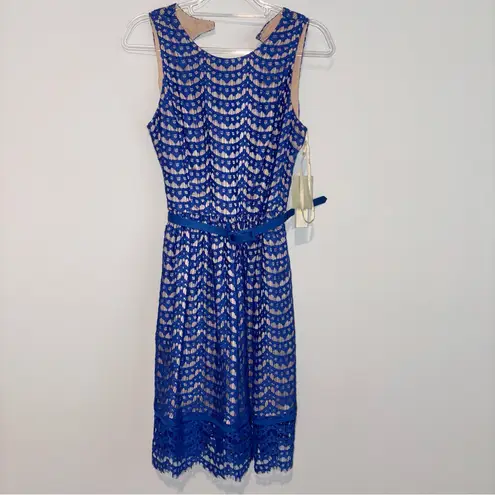 Eliza J lace eyelet belted Patterned Dress blue nude size 6