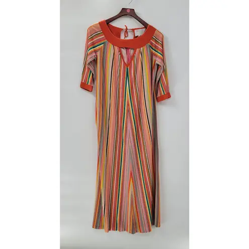 VTG Sears 70s Multicolor Striped House Coat Small Orange Robe Keyhole Back