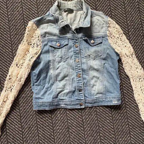 Oodji Denim Jacket White Crochet Lace Long Sleeves Distressed Women Size 42 Blue