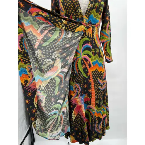 Farm Rio Flowy Maxi Dress Macaw Island Tropical Cross Stitch Print Long Sleeve S