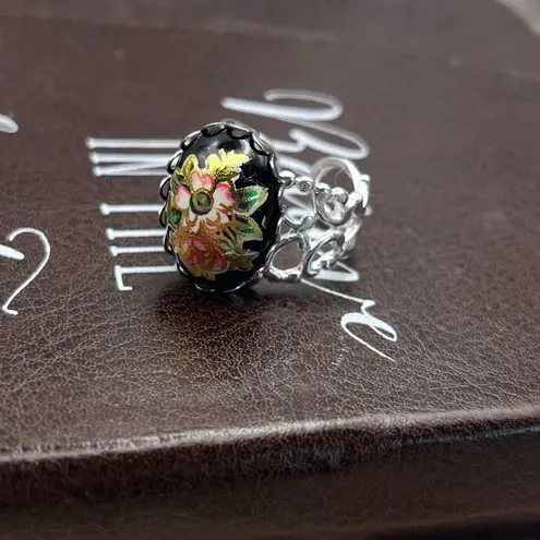 Vintage Floral Glass Cameo Ring | Adjustable Stainless Steel | Holiday Gift Black