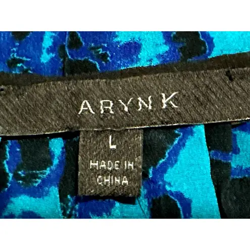 Arynk Large Blue Black Mulberry Silk Sheer Leopard Animal Print Blouse City Styl