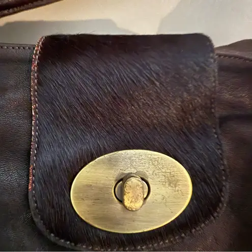 Amber Rose Brown Leather Shoulder Bag Boho Fur brass clasp