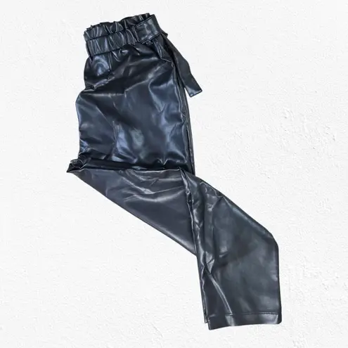 Avec Les Filles Black Faux Leather Belted High Rise Straight Pants Size Medium