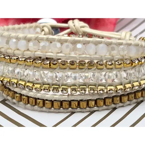 Victoria Emerson Gold & White Beaded Rhinestone Wrap Bracelet 23" Boho Casual
