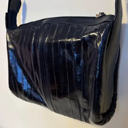 Lee Sands Eel Skin Zip Shoulder Crossbody Satchel Bag Purse Black 12” x 11”