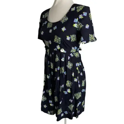 Vintage 90s Rayon Shorts Romper S Blue Floral Tie Waist Zipper Short Sleeves