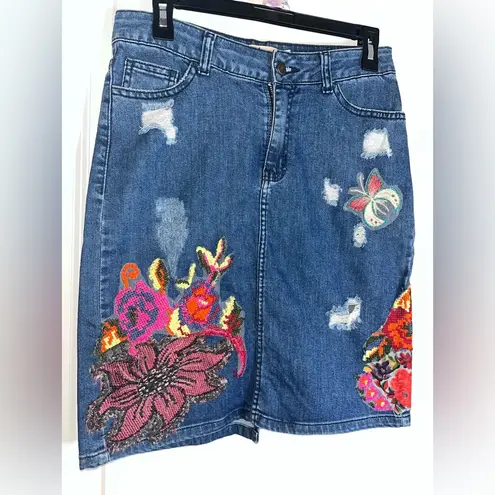 Anthropologie Gardener’s Denim Embellished Skirt Cecilia Prada SP Appliqué Rose