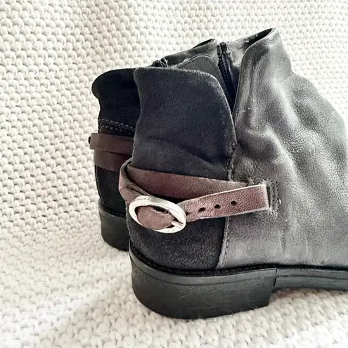 Miz Mooz Black Leather Paco Low Ankle Back Strap Belted Booties Boho Moto 36