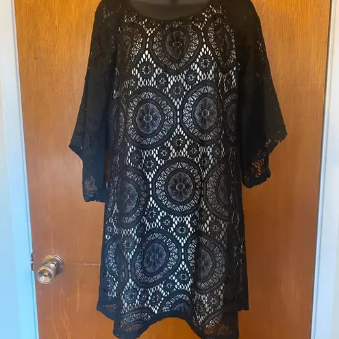 Tacera Black Lace with Nude Lining 3/4 Sleeve Dress Effortless Elegance Size S