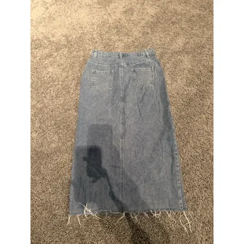 Happily Grey Women's Denim Maxi Skirt with Front Slit Raw Hem Size 5/26 EUC Blue