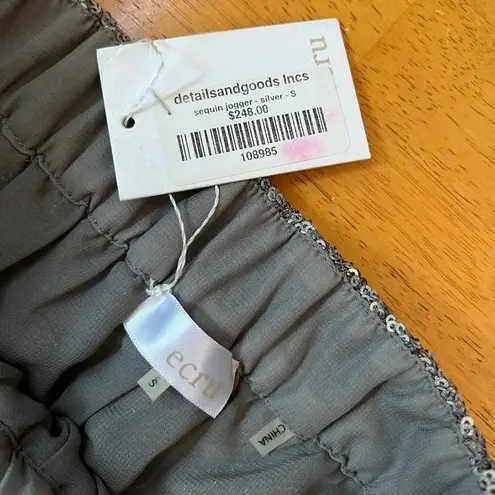 Ecru Sequin Party Pants Ankle Slit Elastic Waist Silver Gray Jogger Lined Size S