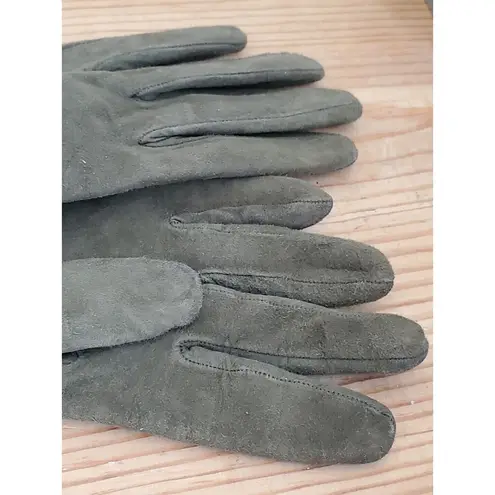 VTG Rabbit Fur Cuff Gloves Ladies Women Size 6.5 Green Leather Black Mob Wife