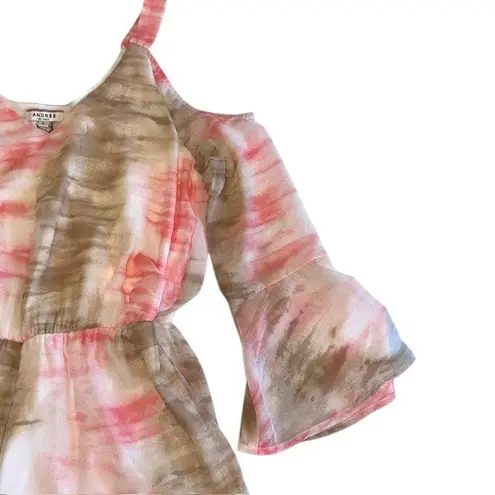 Andree by Unit NWT Tie Dye Romper Cold Shoulder Bell Sleeve Ruffle Hem Sz Lg