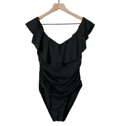 La Blanca Island Goddess Off Shoulder Ruffle One Piece Swimsuit in Black Size 10