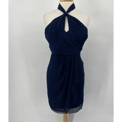 Badgley Mischka Dress Pleated Y Neck Halter Drape Front Mini Navy Blue Womens 4