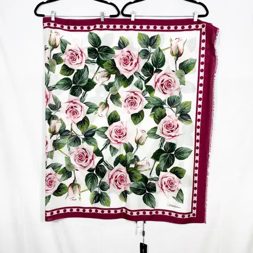 Dolce & Gabbana Floral Tropical Rose Print Cotton Scarf Wrap Pink White