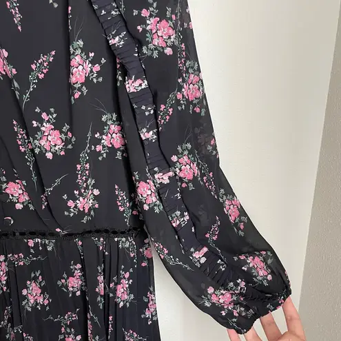 Monique Lhuillier ML Black Floral Ruffle Pleated Dress (Size 10)