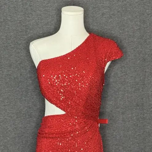 Mac Duggal Ieena for Red Sequin One Shoulder Cut Out Gown Size 2