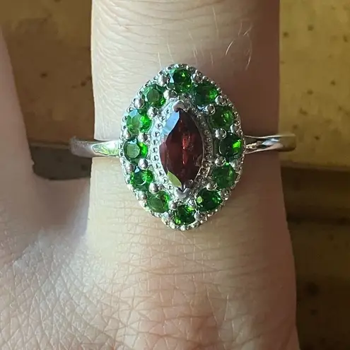 Natural Red Garnet Chrome Diopside Sterling Silver Halo Ring Size 10 Green
