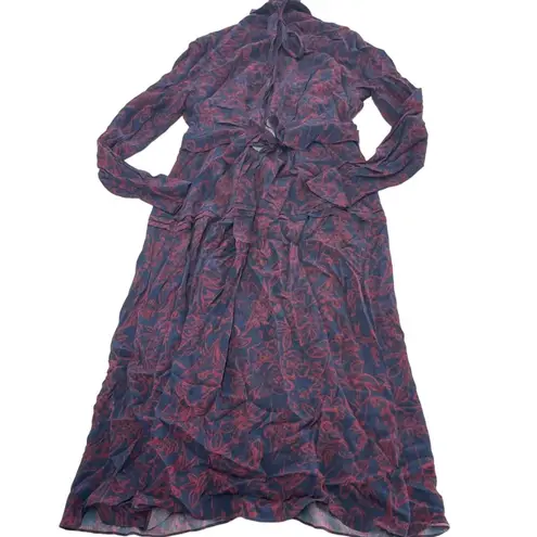 Jason Wu Dress Womens 6 Blue Red Floral Chiffon Shirt Collared Midi Tie Neck