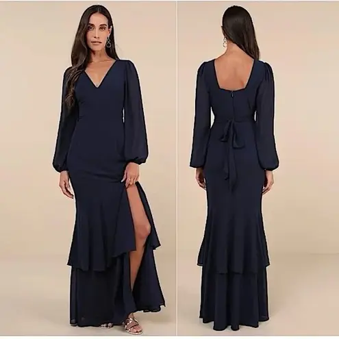 Lulus Tier Elegance Navy Long Sleeve Tiered Maxi Dress Size 2X Blue