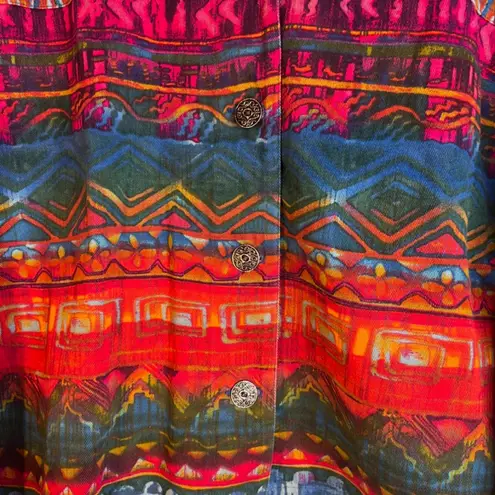Chicos Design Bold Abstract Artsy Colorful Button Front 100% Cotton Jacket 3/LG