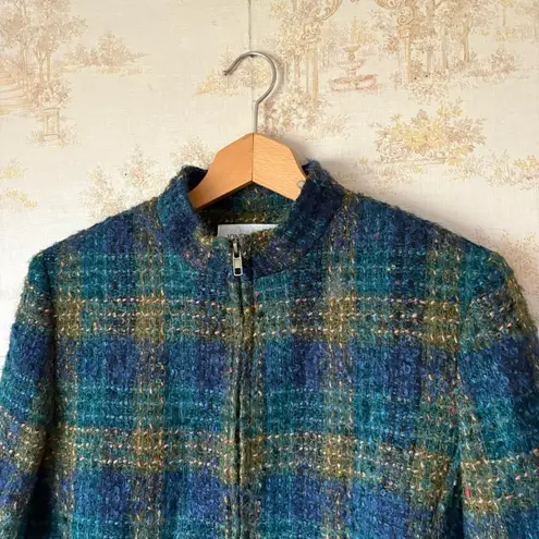Vintage Jones New York green blue plaid angora wool mock neck cardigan jacket Size 12