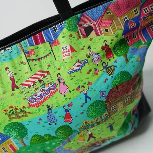 Handmade Americana Country Village Scene Picnic Tote Bag Purse Folk Art USA Town