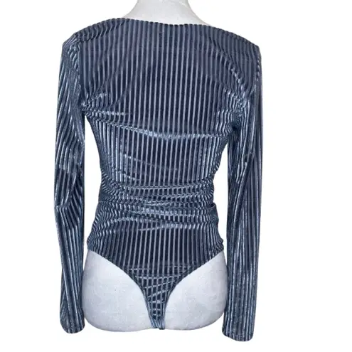 Sophie Rue Stone Blue Velvet Ribbed Square Neck Long Sleeve Thong Bodysuit Med