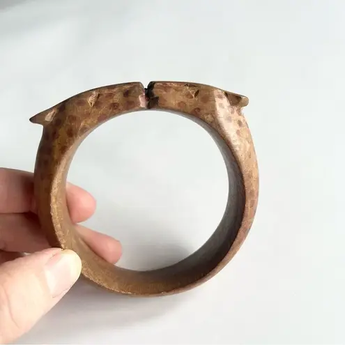 Hand Carved Wooden Bangle Bracelet Kissing Cheetahs African Safari Boho Artsy Tan