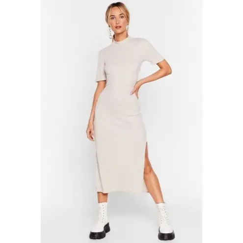 Nasty Gal  Dress 4 Midi Ribbed Fitted High Neck T-Shirt Nude Tan Neutral