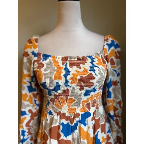 Dolan Anthropologie Smocked print Maxi Dress Orange Blue M boho Whimsi flowy Size M