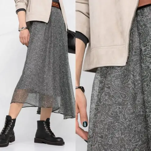 Brunello Cucinelli Paisley Print Silk Midi Skirt Grey Asymmetrical Chiffon