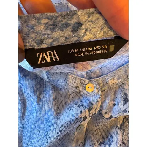 ZARA  Dress Women Medium Blue Sheer‎ Snakeskin Animal Print Metallic Thread Midi