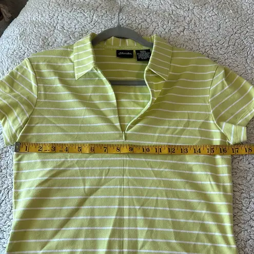 st. john's bay  Women's S Split Neck Polo Tee Citron Green White Stripe Preppy