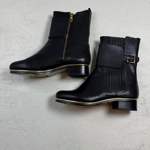 Source Unknown Black Leather Ankle Boots Gold Buckle Zip Side Elastic Ankle Booties Size 75B