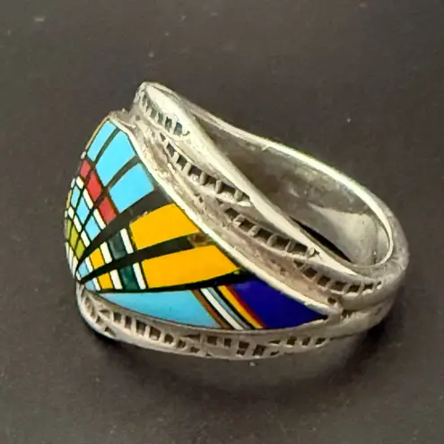 Vintage Native American Southwestern Sterling Silver Multi Gemstones Inlay Ring