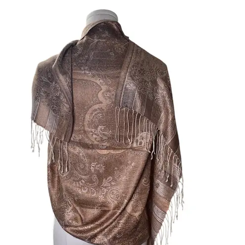 Bronze Taupe Paisley Pashmina Wrap Shawl Scarf Fringe Boho Neutral Layering Brown - Image 3