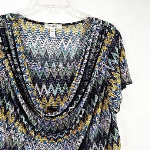 Dress Barn  Plus Size 1X Top Chevron Purple Blue Drape Neck Short Sleeve 1058