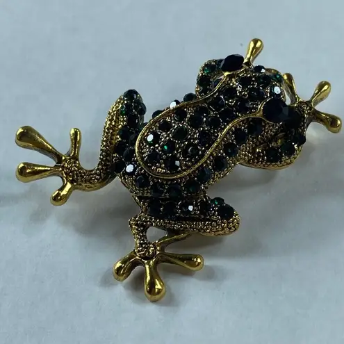 Frog Pin Brooch Gold Tone Metal Green Rhinestones Fashion Jewelry