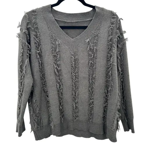 Women's Charcoal Green Boho Grunge Fringe Detail Wool Blend Sweater Size Large Gray