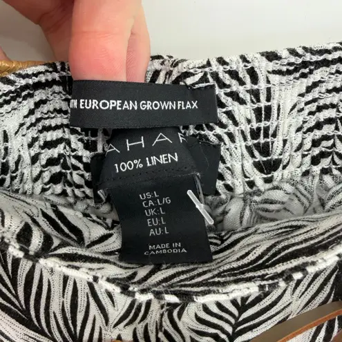 Tahari Wide Leg Linen Pants Black White Palm Leaf Print Belted Size Large NWT