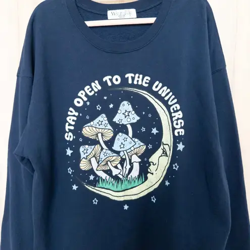 Wound Up Womens Sweatshirt Size 3XL Navy Graphic Moon Mushroom Retro Soft Cozy